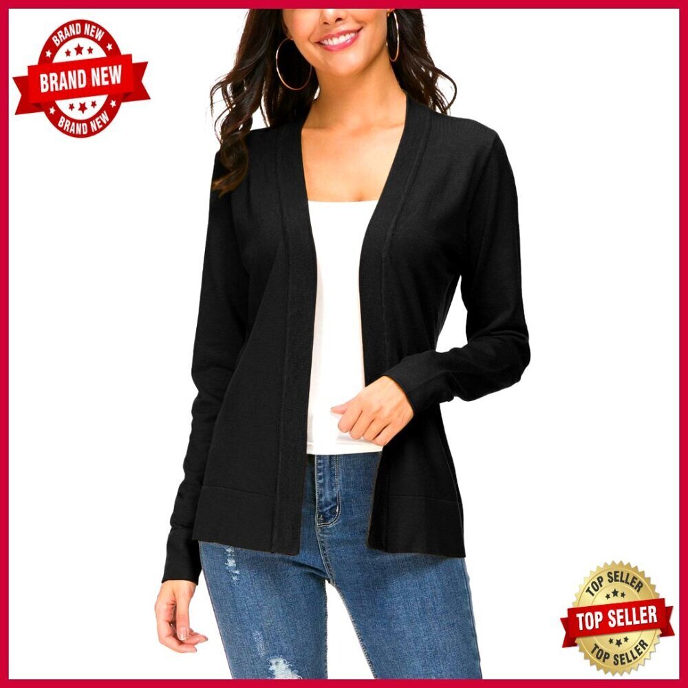 Long Sleeve Open Front Knit Cardigan Sweater, Lightweight, Size Large